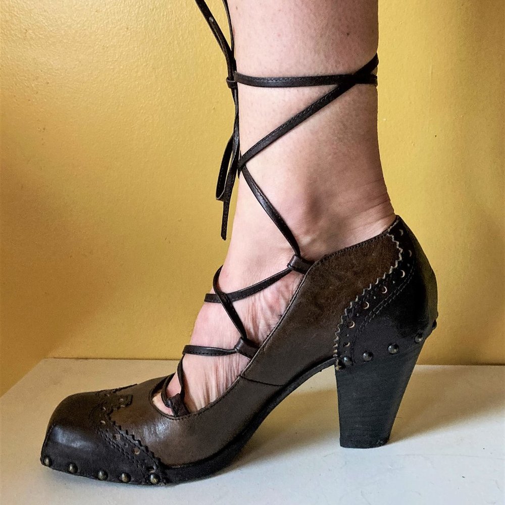 MOMA Lace-Up Heels, Brown Leather, Size 38.5/US 8.5
